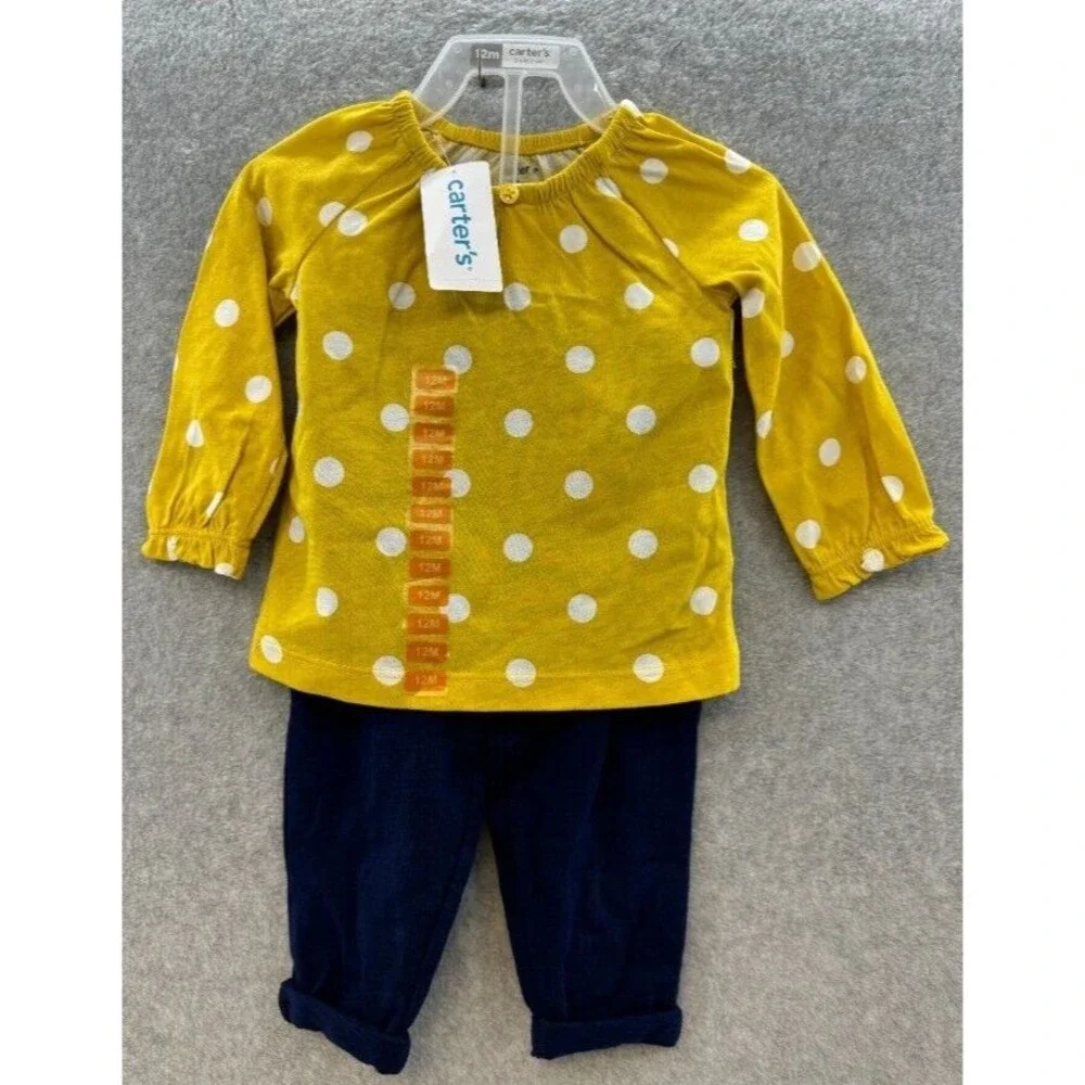 Carters Baby Girl 2-pc Set Yellow/White Polka Dot w/Blue‎ Pants 12 Month